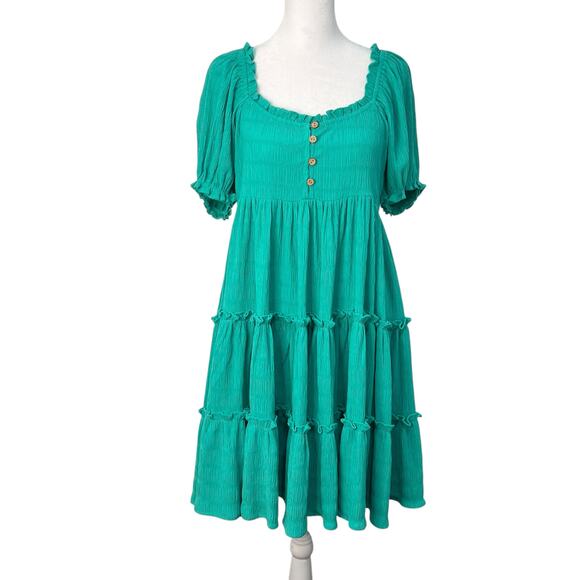Easel Puff Sleeve Tiered Mini Babydoll Dress Green Small Flowy Romantic Boho NWT - Picture 13 of 13
